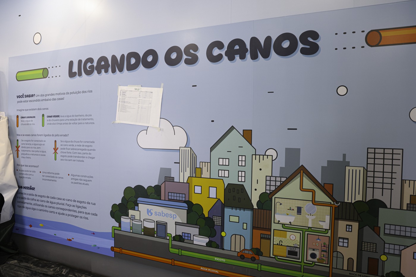 Comunicação visual e atividade “Ligando os canos” na exposição.